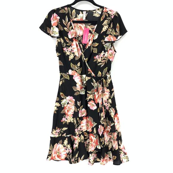 Xhilaration Women's Size Medium Ruffle Faux Wrap Dress Black Pink Floral NWT - Picture 1 of 7